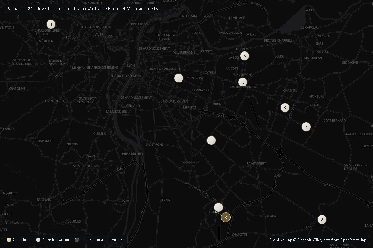 Carte du Rhône et de la Métropole de Lyon situant le Top 10 2022 investissement activité ; opérations Core Group en or