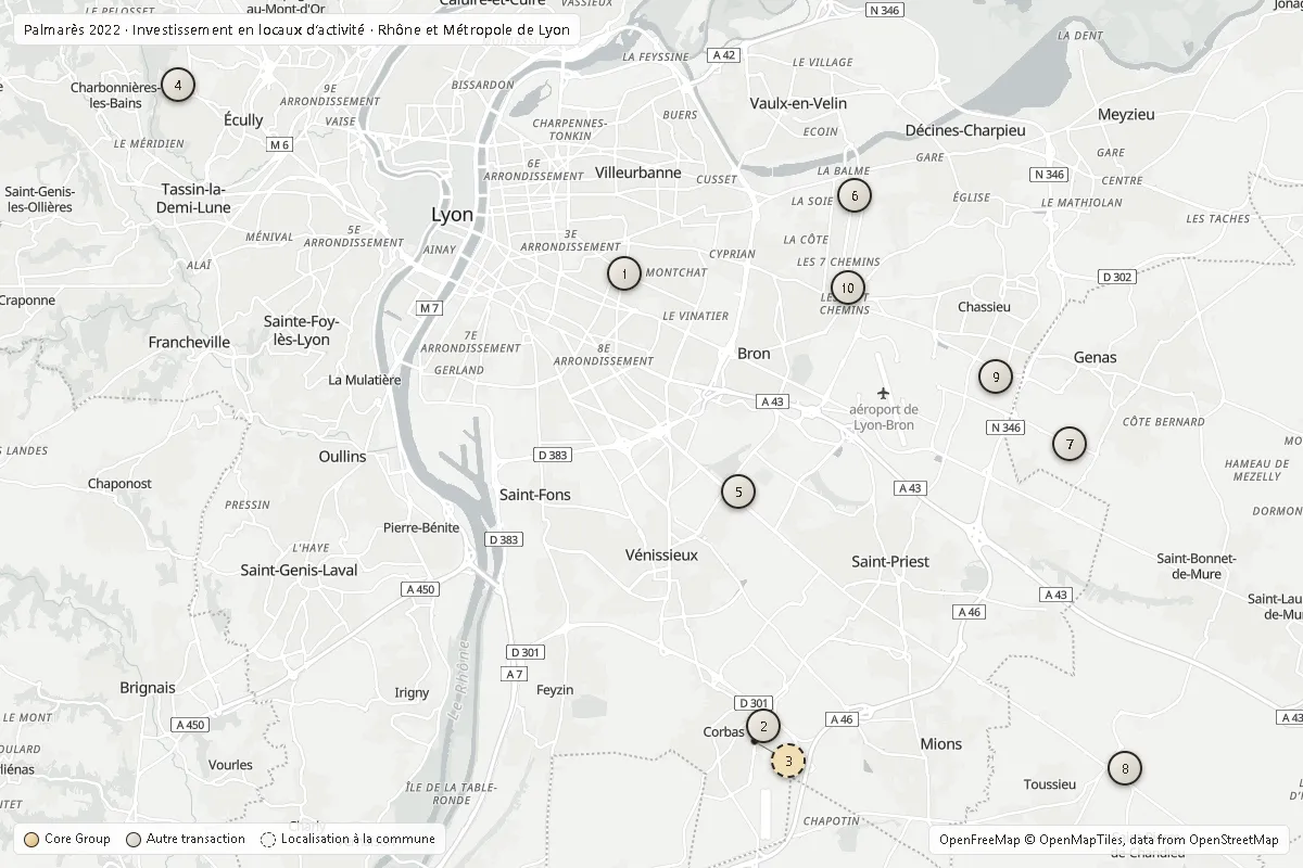 Carte du Rhône et de la Métropole de Lyon situant le Top 10 2022 investissement activité ; opérations Core Group en or