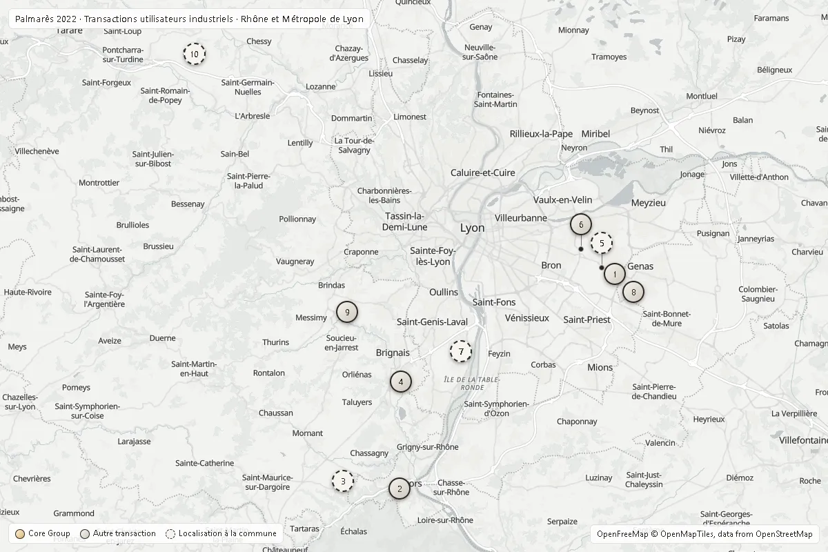 Carte du Rhône et de la Métropole de Lyon situant le Top 10 2022 utilisateurs industriels ; opérations Core Group en or
