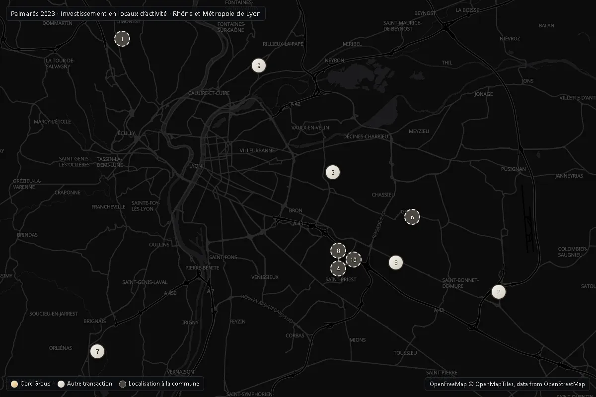 Carte du Rhône et de la Métropole de Lyon situant le Top 10 2023 investissement activité ; opérations Core Group en or