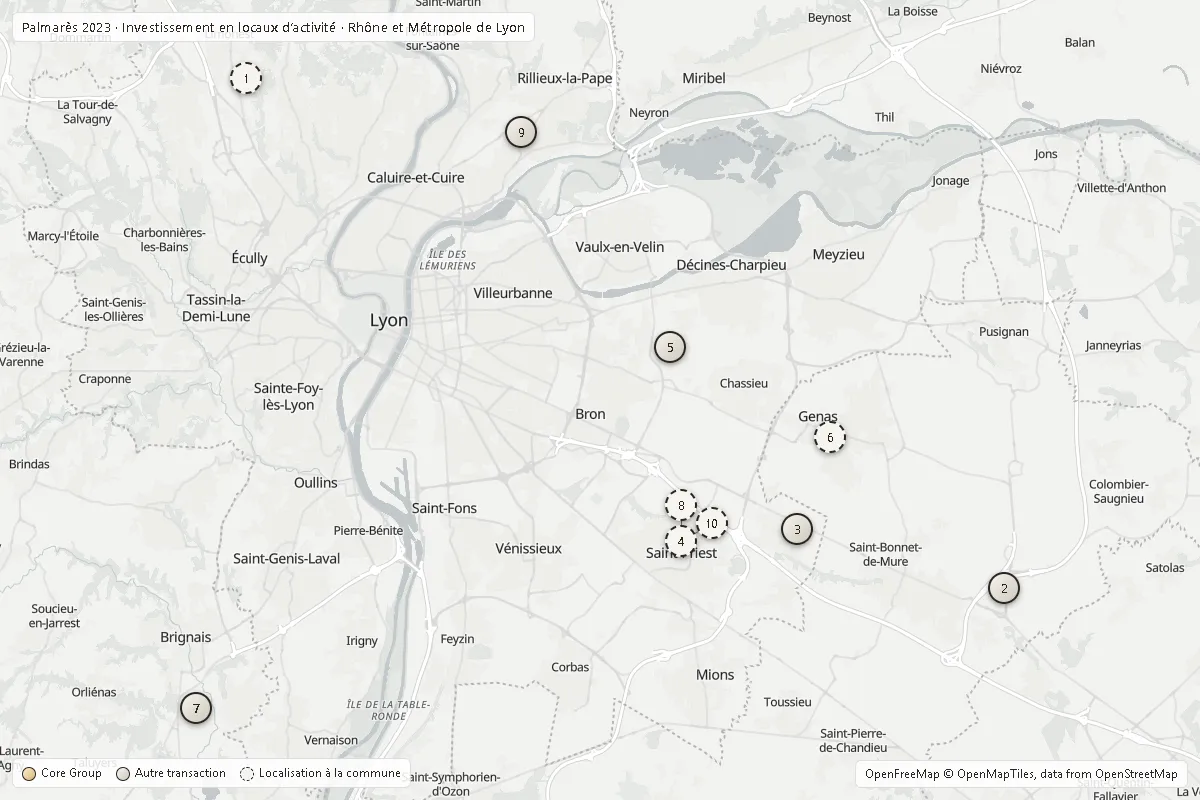 Carte du Rhône et de la Métropole de Lyon situant le Top 10 2023 investissement activité ; opérations Core Group en or