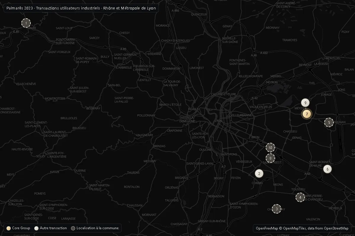 Carte du Rhône et de la Métropole de Lyon situant le Top 10 2023 utilisateurs industriels ; opérations Core Group en or