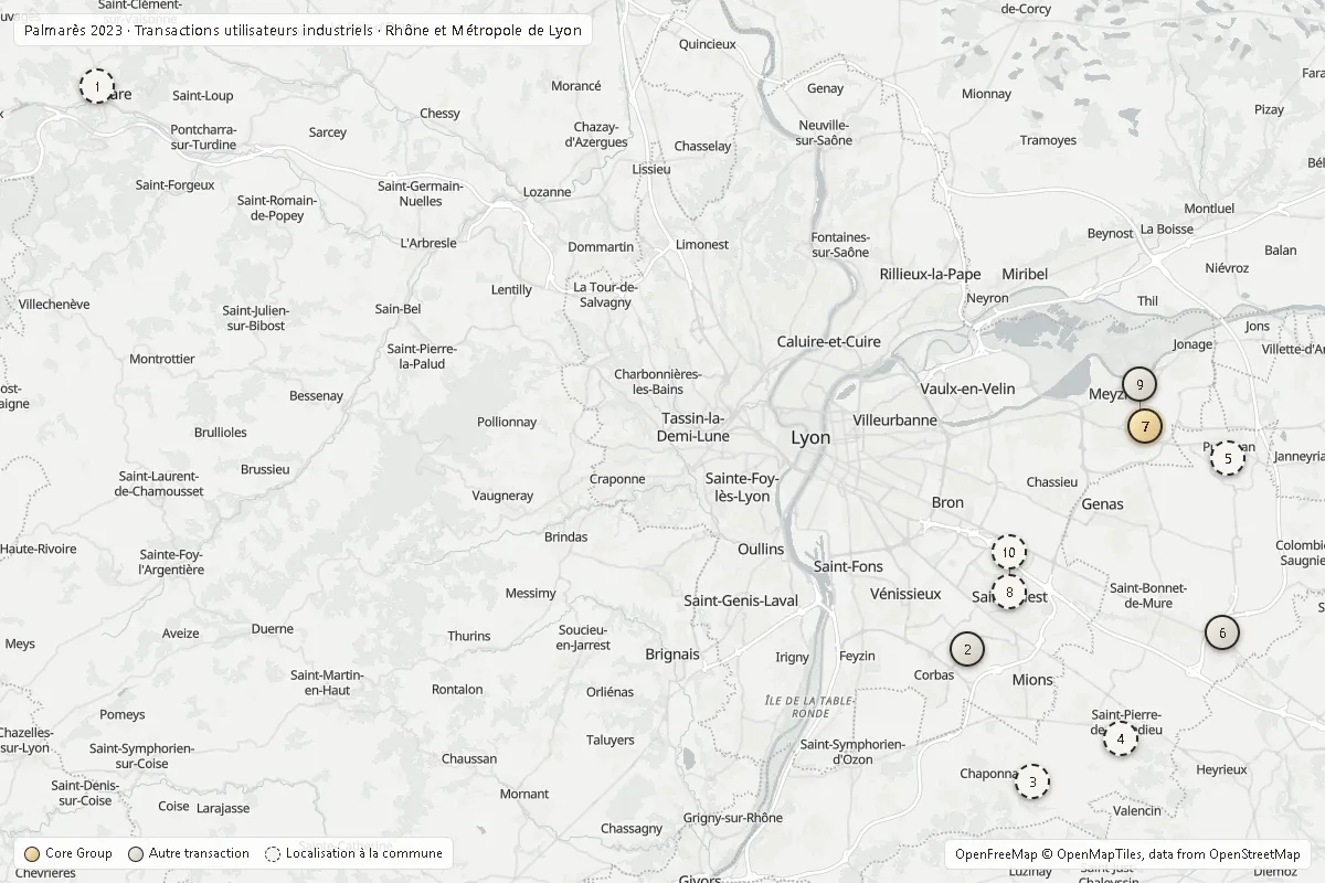 Carte du Rhône et de la Métropole de Lyon situant le Top 10 2023 utilisateurs industriels ; opérations Core Group en or