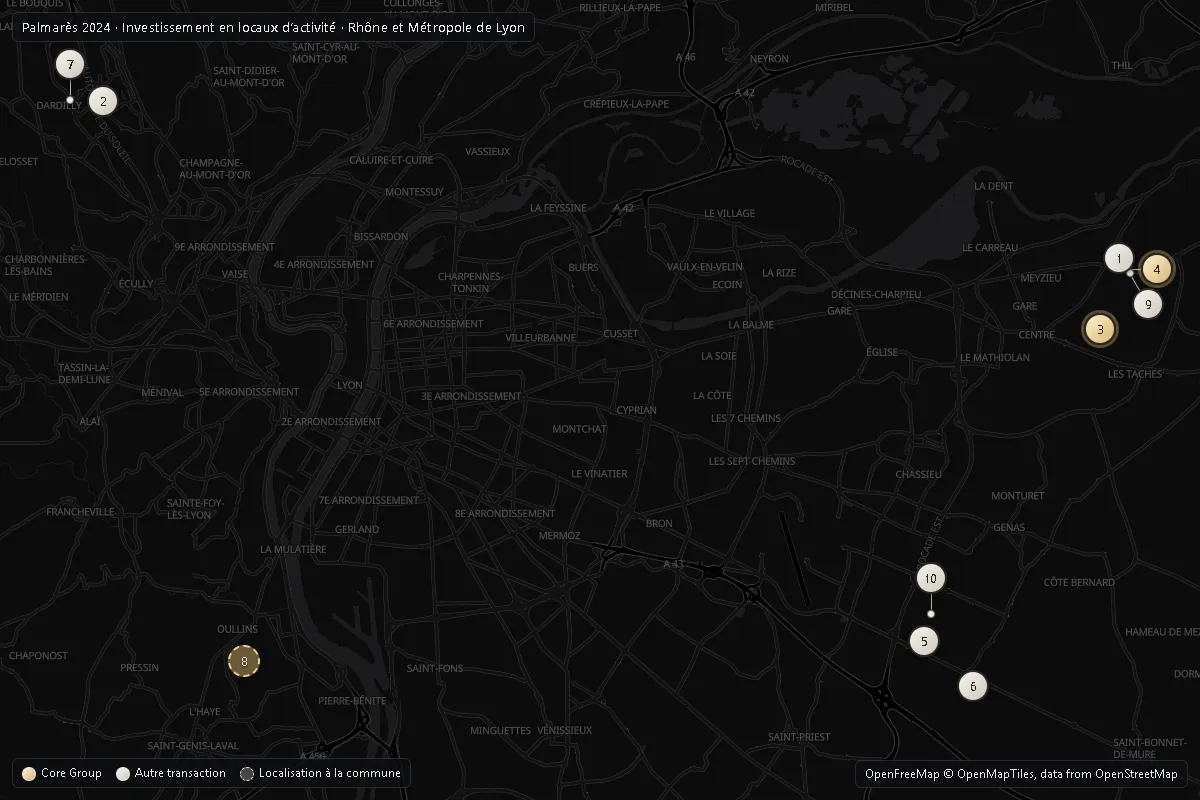 Carte du Rhône et de la Métropole de Lyon situant le Top 10 2024 investissement activité ; opérations Core Group en or