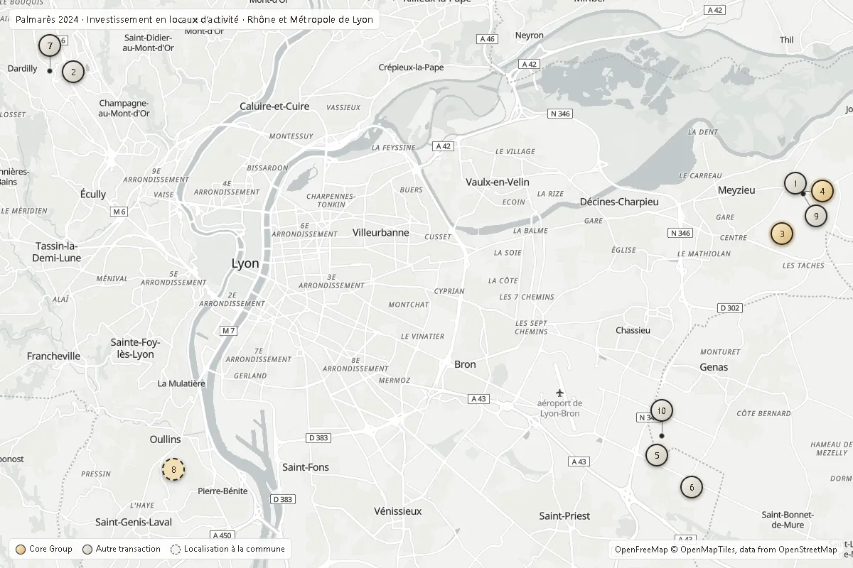 Carte du Rhône et de la Métropole de Lyon situant le Top 10 2024 investissement activité ; opérations Core Group en or