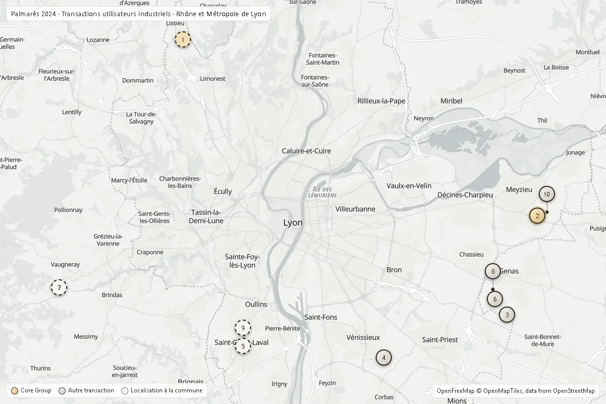 Carte du Rhône et de la Métropole de Lyon situant le Top 10 2024 utilisateurs industriels ; opérations Core Group en or