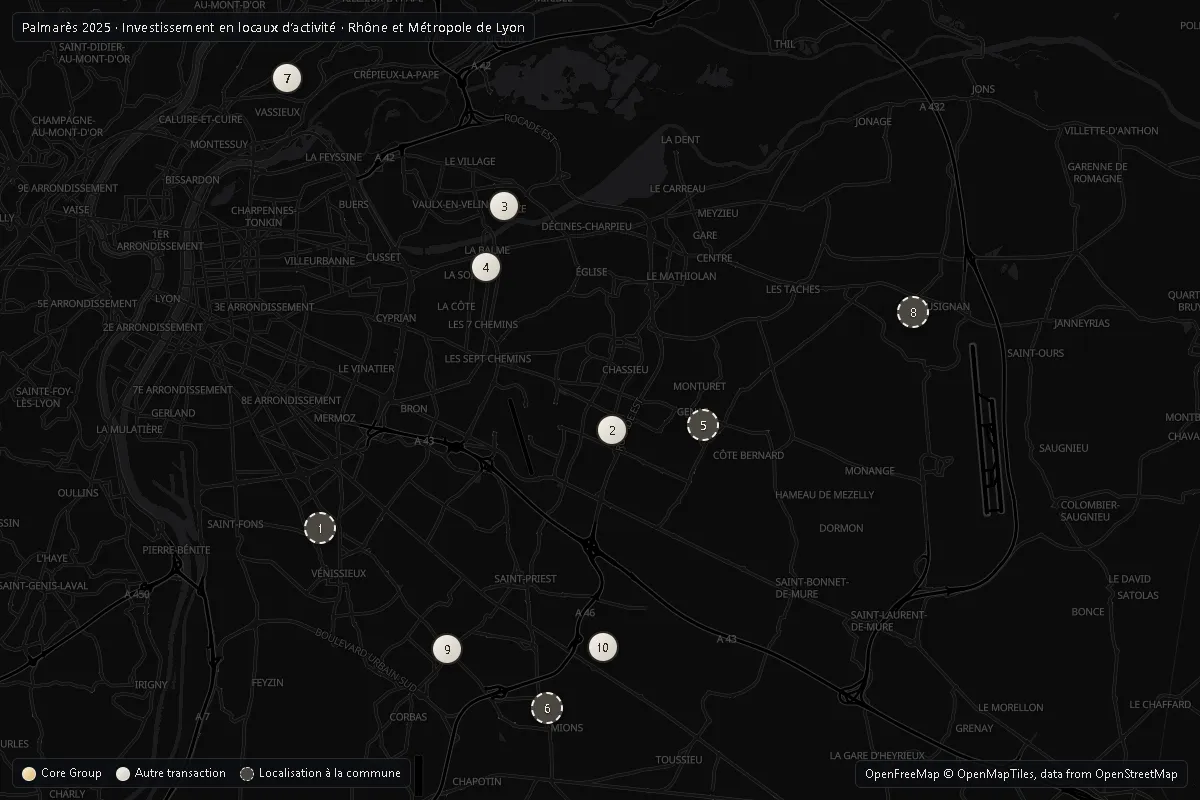 Carte du Rhône et de la Métropole de Lyon situant le Top 10 2025 investissement activité ; opérations Core Group en or