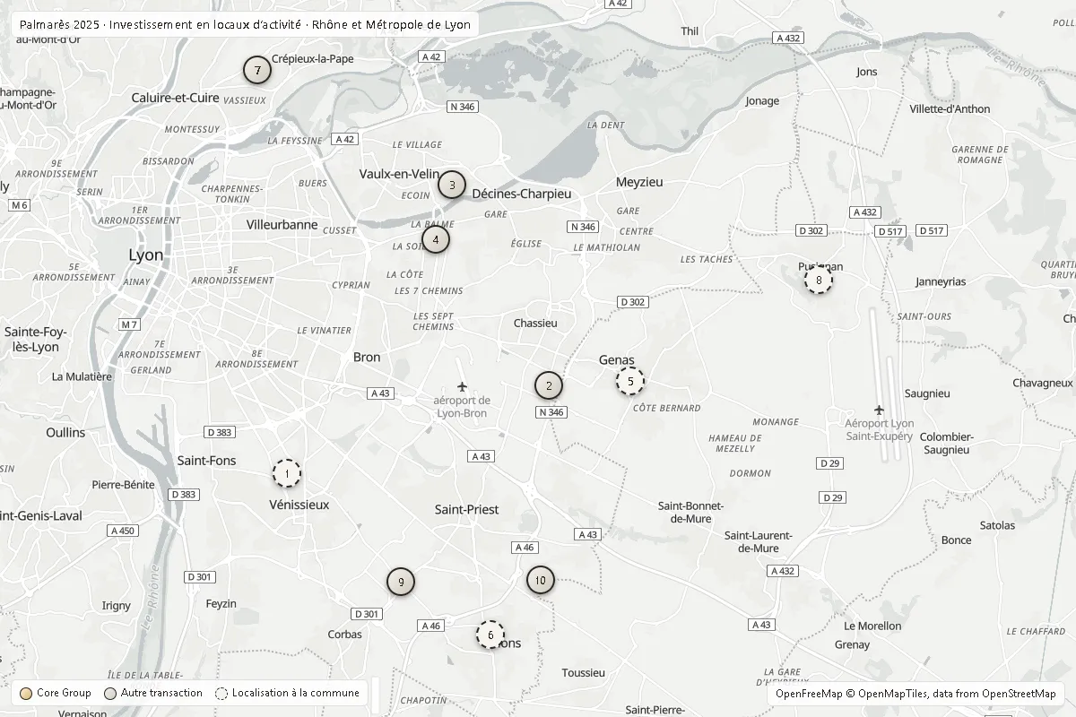 Carte du Rhône et de la Métropole de Lyon situant le Top 10 2025 investissement activité ; opérations Core Group en or