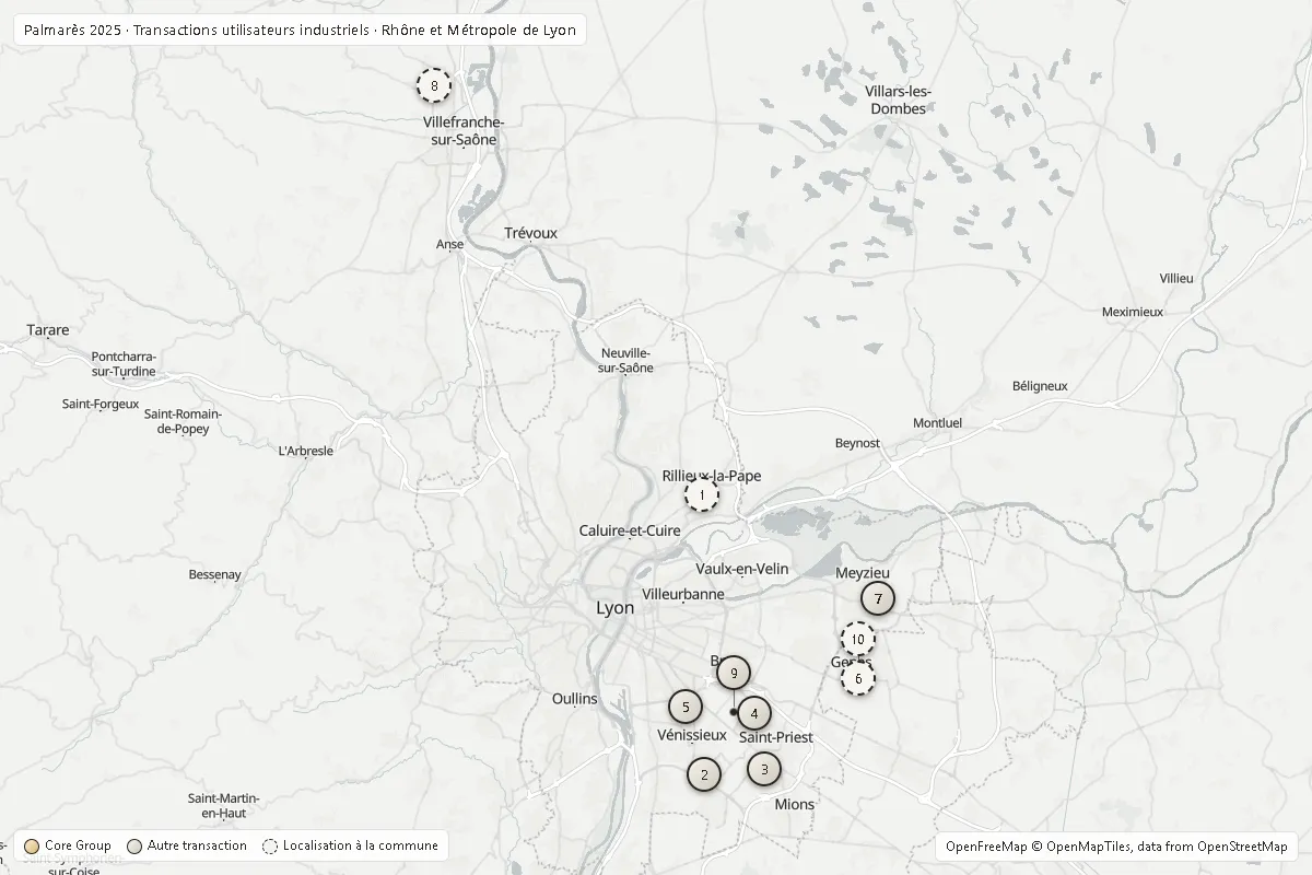Carte du Rhône et de la Métropole de Lyon situant le Top 10 2025 utilisateurs industriels ; opérations Core Group en or