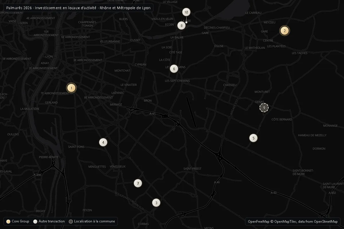 Carte du Rhône et de la Métropole de Lyon situant le Top 10 2026 investissement activité ; opérations Core Group en or